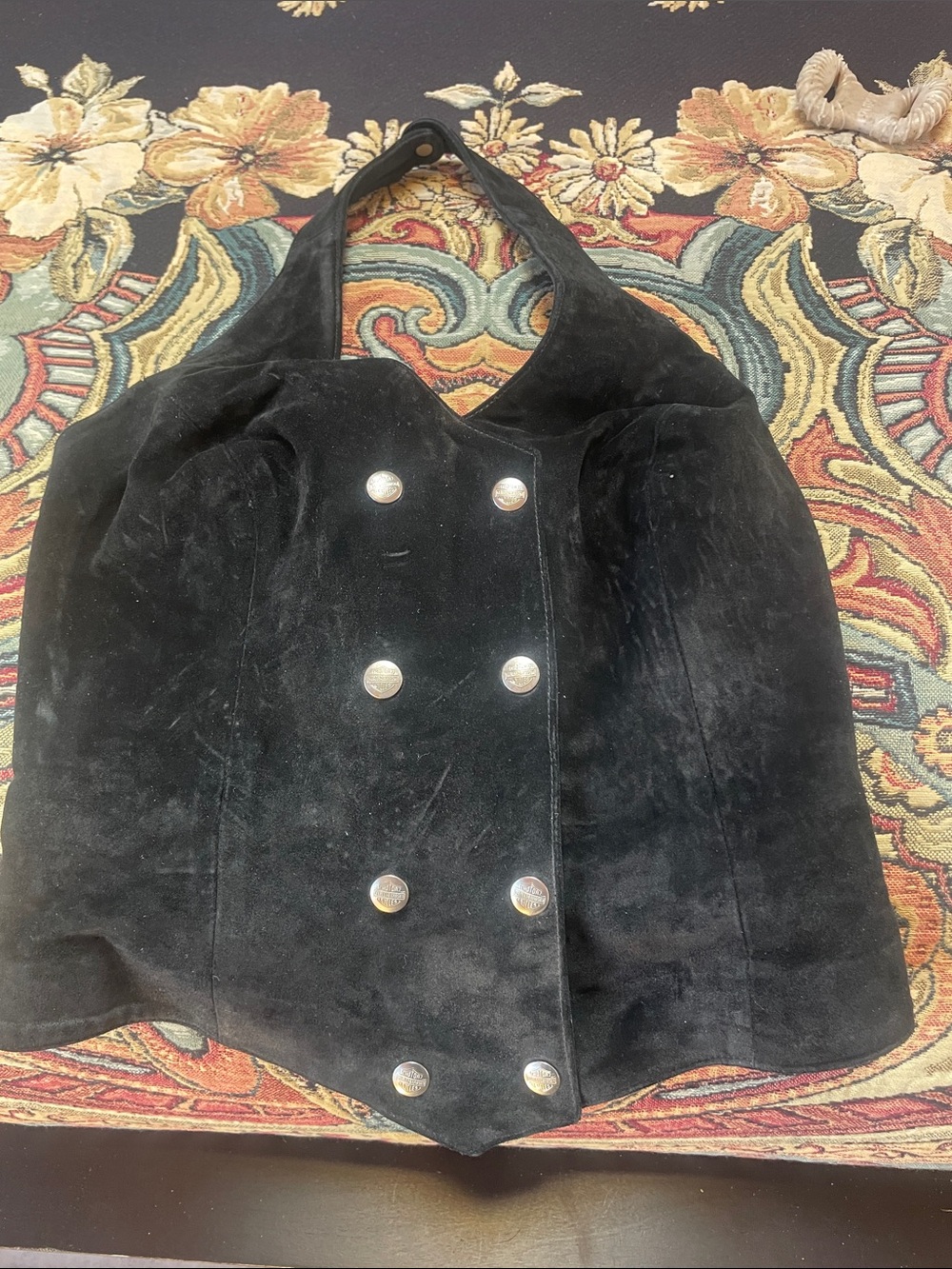 VINTAGE Harley-Davidson Black Suede Halter Vest with Silver Buttons